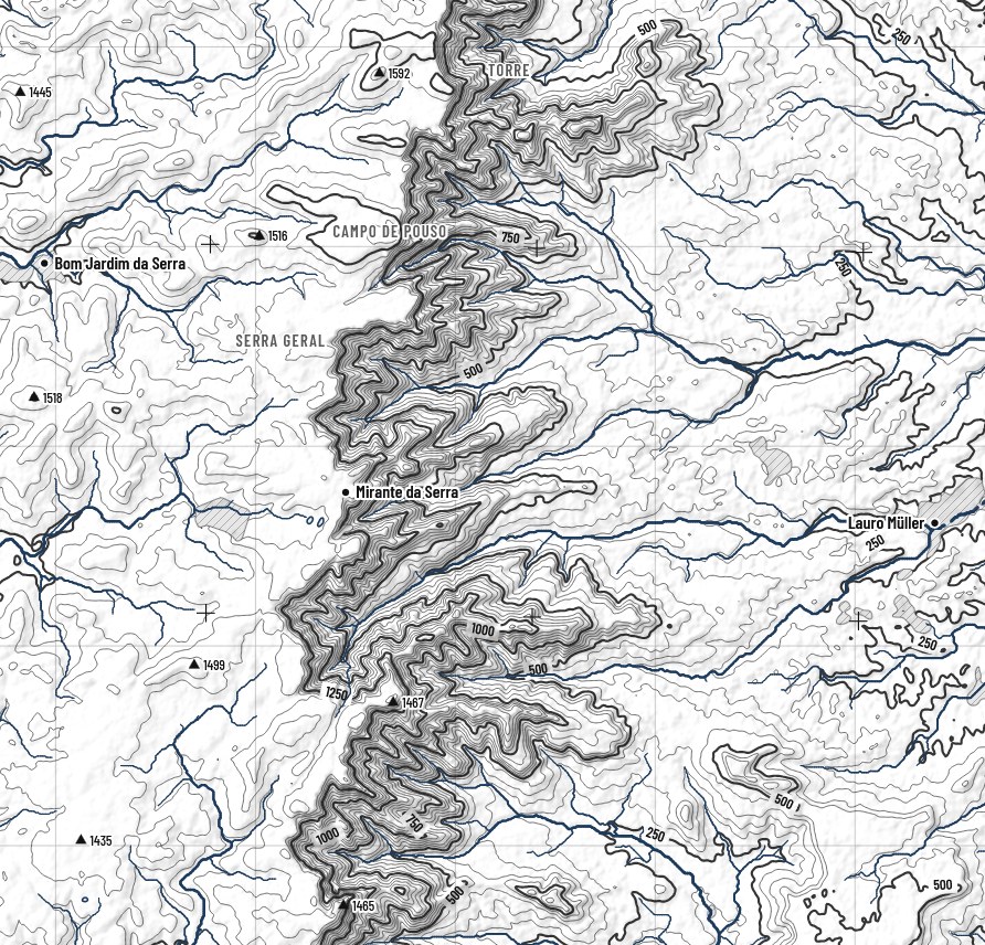 Trecho de carta da Serra do Rio do Rastro em estilo nanquim, com curvas de nível